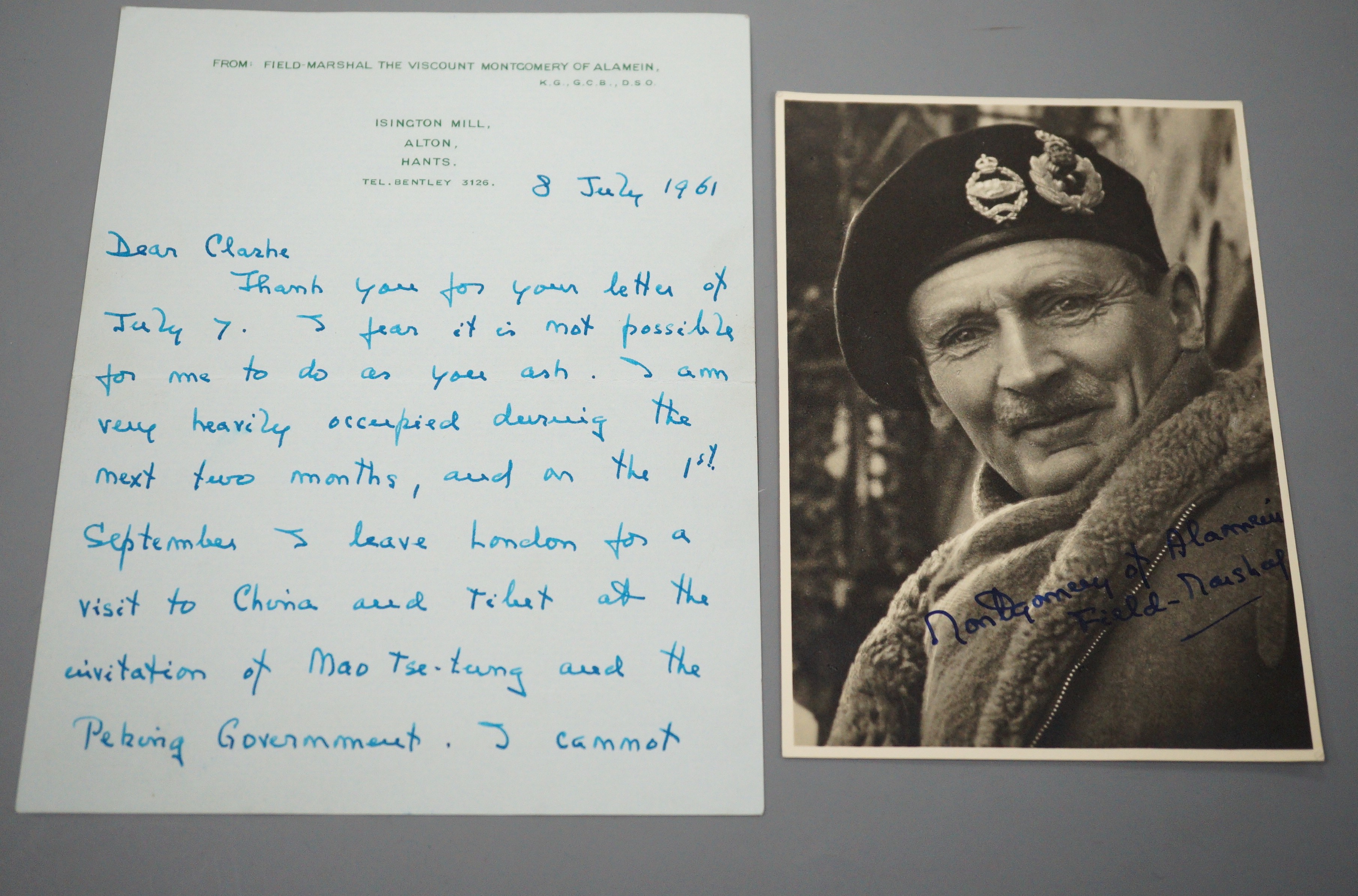 Field Marshall Montgomery of Alamein, signed photograph and interesting letter, 1961 relating to China relations